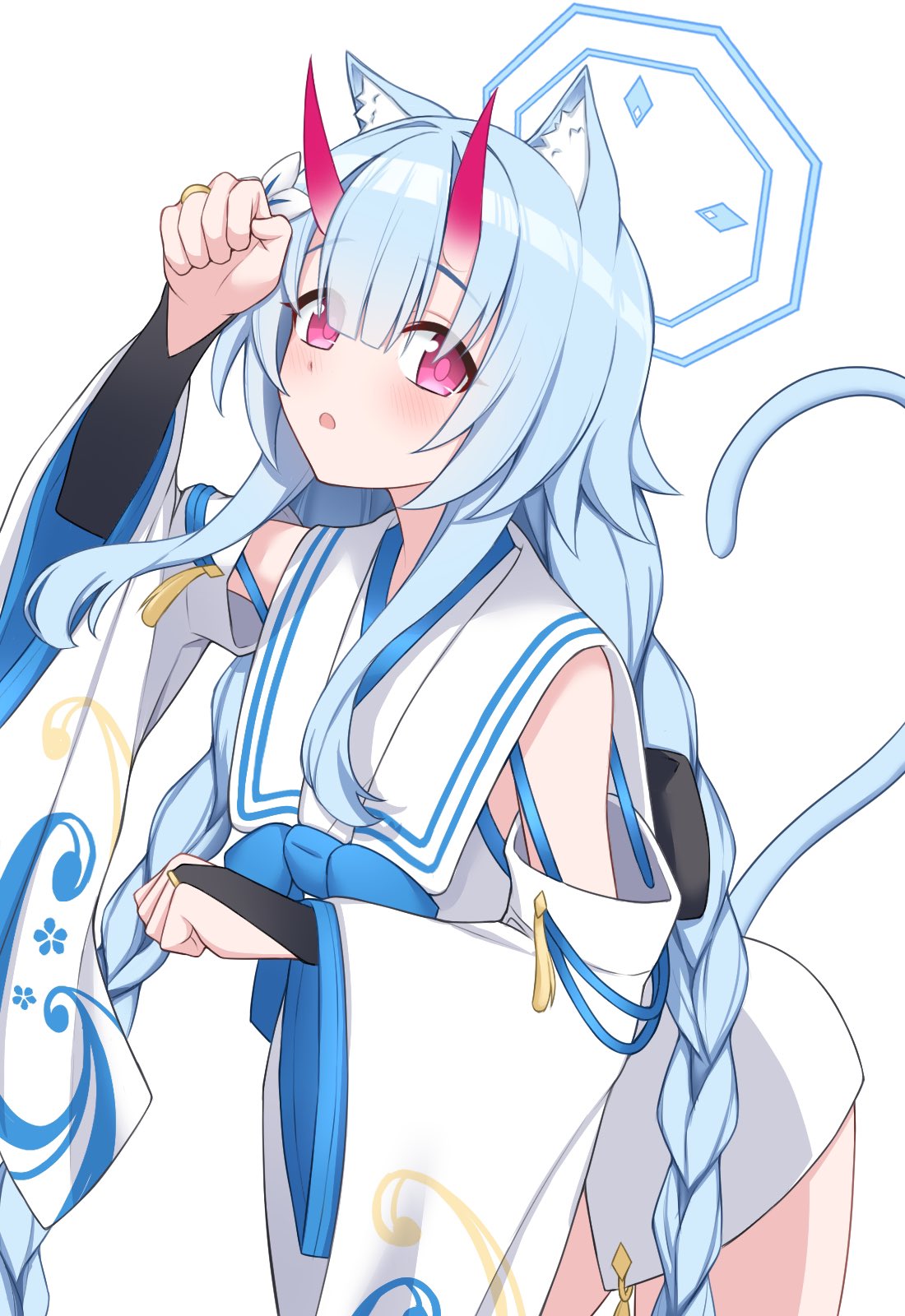 1girl, :o, animal_ear_fluff, animal_ears, bare_shoulders, black_bridal_gauntlets, blue_archive, blue_hair