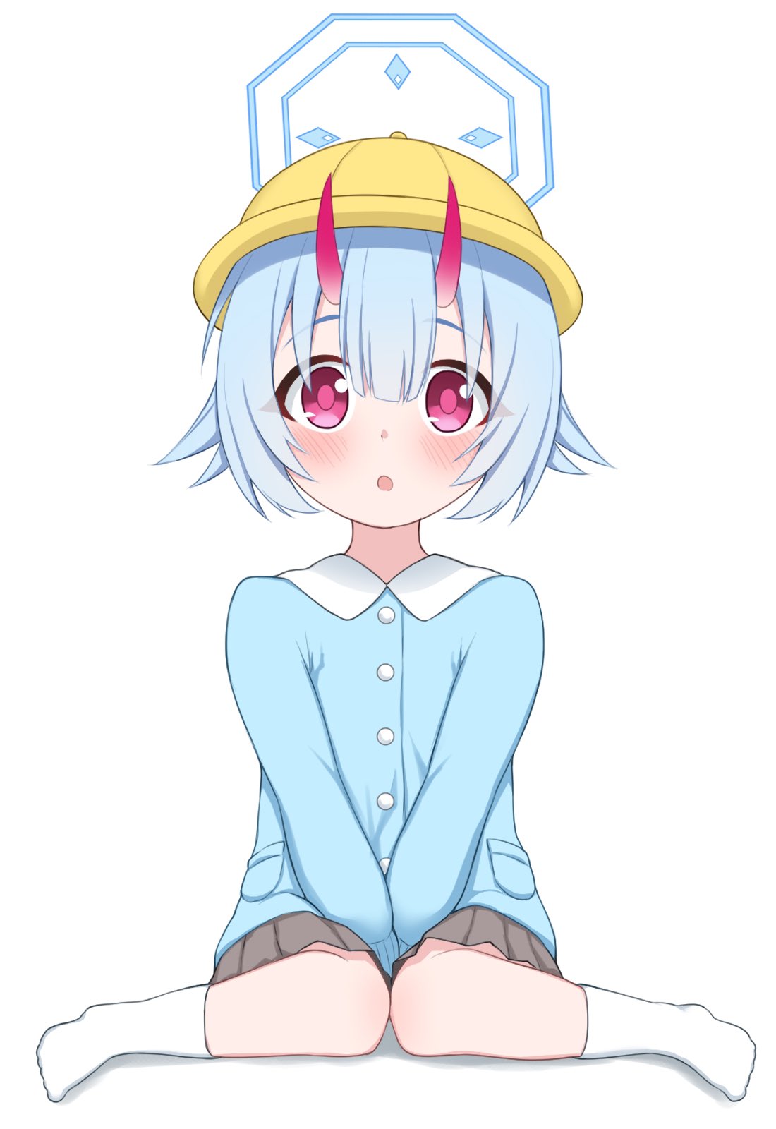 1girl, :o, aged_down, alternate_costume, alternate_hair_length, alternate_hairstyle, between_legs, black_skirt