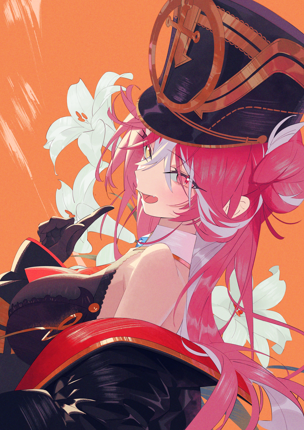 1girl, black_gloves, black_jacket, black_leotard, blush, commentary_request, fang, flower, gloves, gold_trim, hair_between_eyes, hair_bun, hand_up, hat, heterochromia, highres, hololive, houshou_marine, houshou_marine_(marching_band), jacket, koyo2023, lace-trimmed_leotard, lace_trim, leotard, lily_(flower), long_hair, long_sleeves, looking_at_viewer, multicolored_hair, official_alternate_costume, official_alternate_hairstyle, open_clothes, open_jacket, open_mouth, orange_background, pink_eyes, pink_hair, puffy_long_sleeves, puffy_sleeves, simple_background, single_side_bun, smile, solo, streaked_hair, tongue, virtual_youtuber, white_flower, white_hair, yellow_eyes