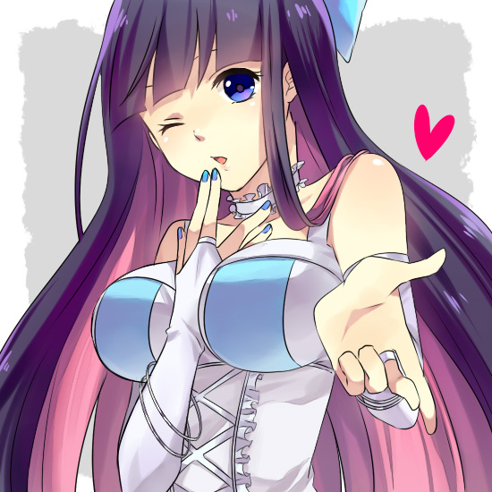 between_breasts, blue_eyes, bracelet, breasts, bridal_gauntlets, bust, choker, finger_to_mouth, frills, heart, jewelry, long_hair, multicolored_hair, panty_&amp;_stocking_with_garterbelt, solo, stocking_(character), stocking_(psg), two-tone_hair, washi_(micino), wink