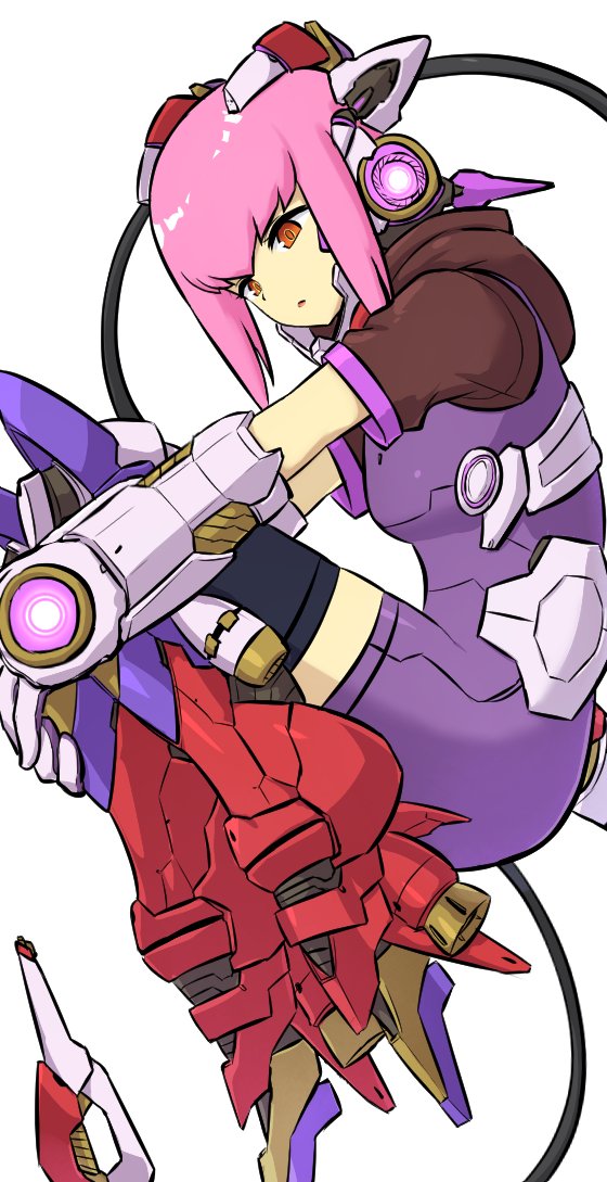 1girl, android, bodysuit, brown_eyes, brown_jacket, ena_(p&amp;d), fetal_position, headgear