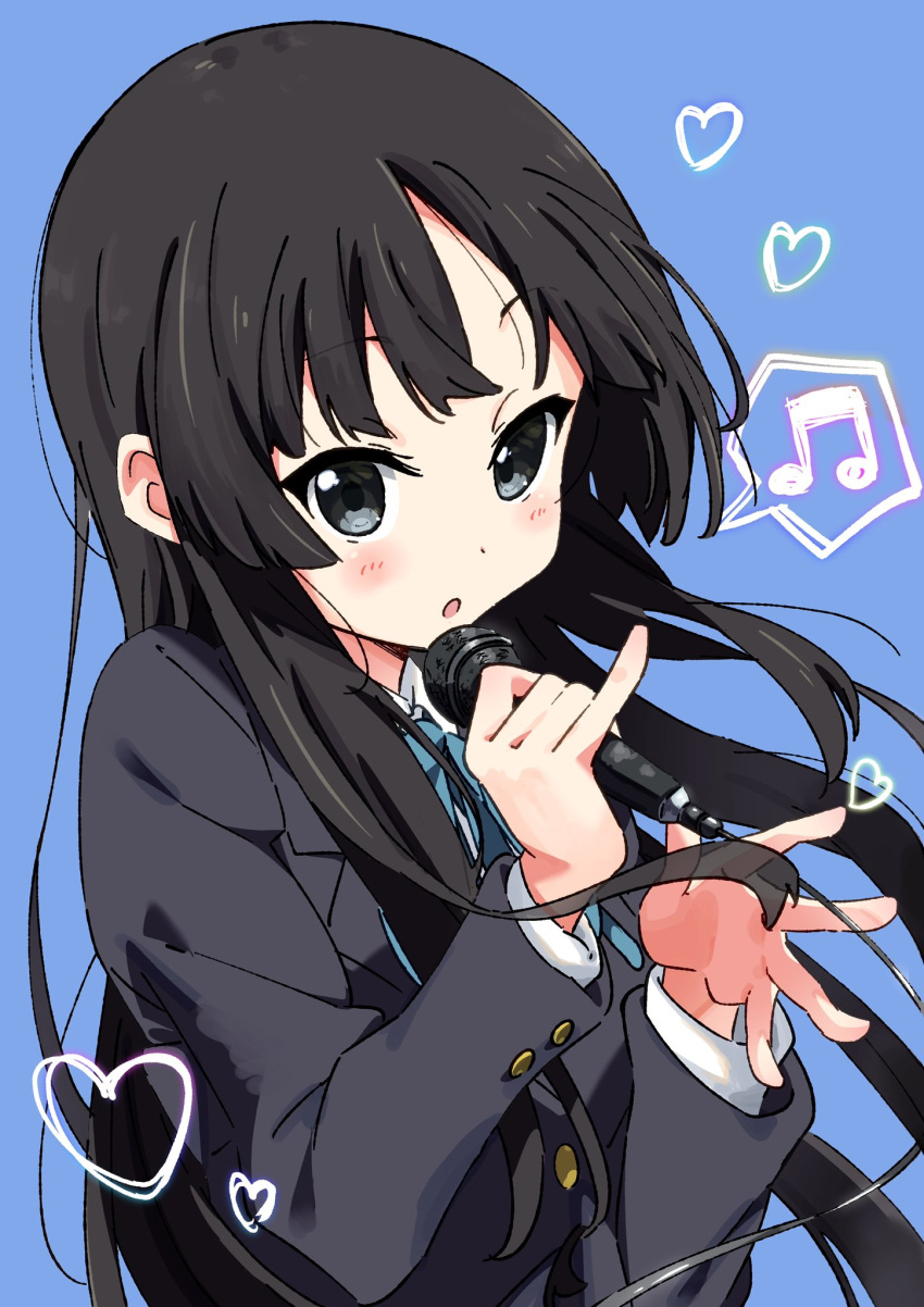 1girl, akiyama_mio, black_eyes, black_hair, black_jacket, blazer, blue_background, blue_ribbon