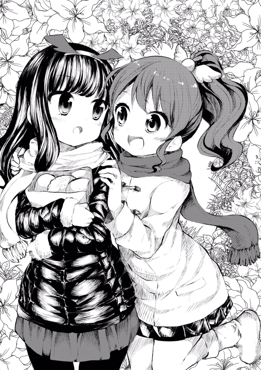 2girls, blush, bobujirou, boots, bread, down_jacket, duffel_jacket, floral_background, flower, food, greyscale, highres, jacket, lily_(flower), long_hair, looking_at_another, monochrome, multiple_girls, open_mouth, original, pantyhose, ponytail, scarf, skirt, smile, toggles, yuri