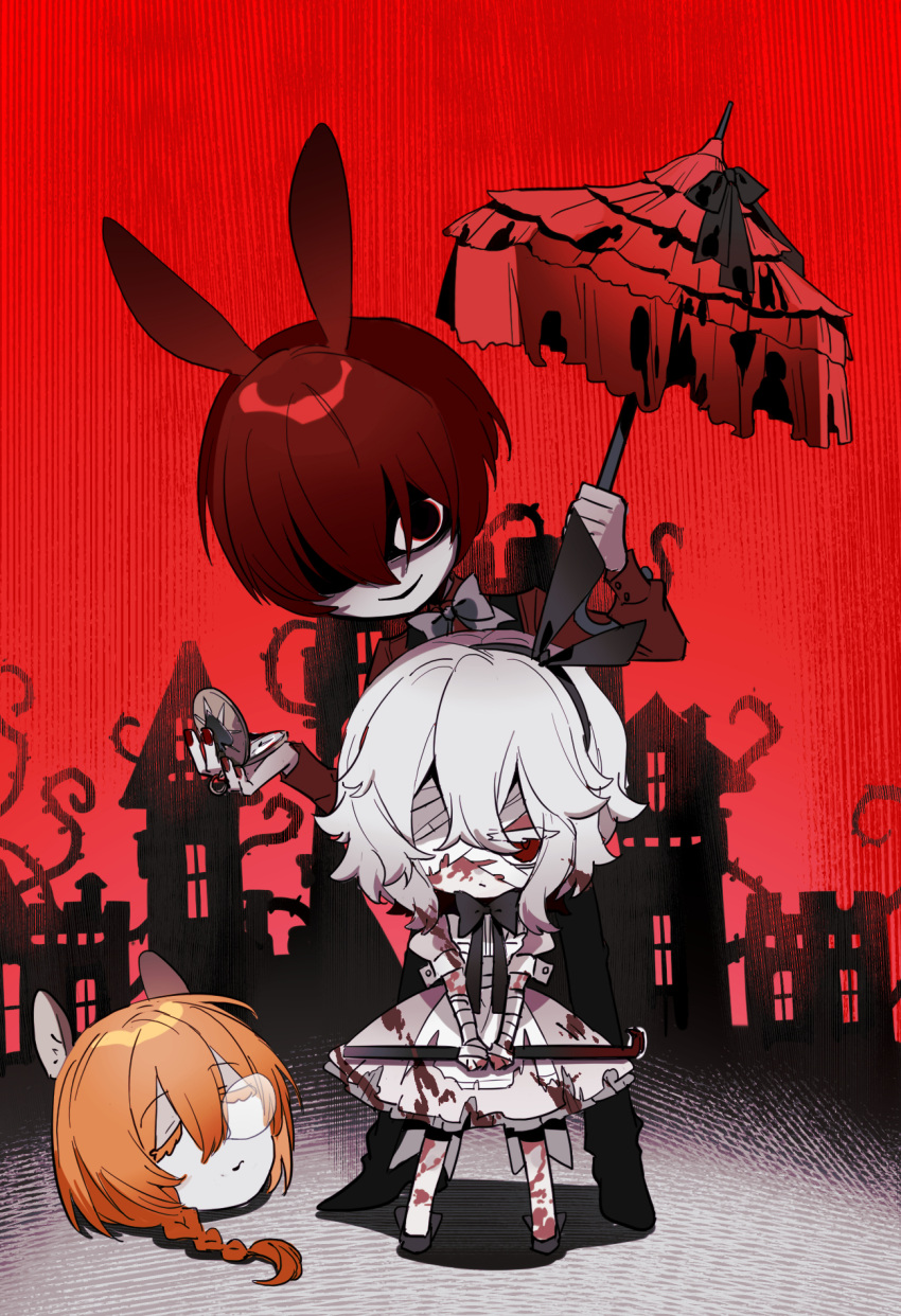1girl, 2boys, alice_(alice_in_wonderland), alice_(alice_in_wonderland)_(cosplay), alice_in_wonderland, animal_ears, bandage_over_one_eye, black_vest, blood, blood_on_clothes, blood_on_face, blood_on_weapon, braid, chibi, chinese_commentary, colored_eyelashes, commentary_request, cosplay, crowbar, dress, fake_animal_ears, full_body, hair_over_one_eye, heroine_(homicipher), highres, holding, holding_crowbar, holding_umbrella, homicipher, looking_at_viewer, mr._chopped, mr._scarletella, multiple_boys, orange_hair, owenun, pocket_watch, rabbit_ears, red_background, red_eyes, red_shirt, red_umbrella, redhead, severed_head, shirt, short_hair, sleeping, squeans, standing, thorns, umbrella, vest, watch, weapon, white_dress, white_hair, white_rabbit_(alice_in_wonderland), white_rabbit_(alice_in_wonderland)_(cosplay)