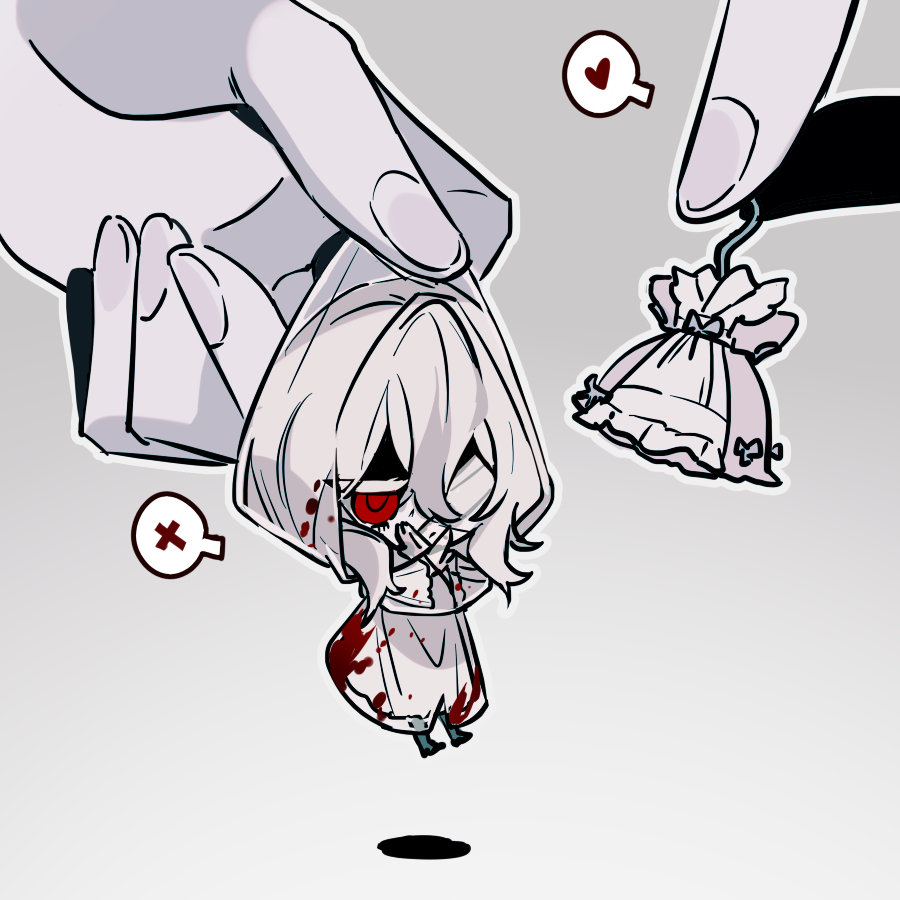 1boy, 1girl, bandage_over_one_eye, blood, blood_on_clothes, carrying, carrying_person, chibi, chinese_commentary, colored_eyelashes, commentary_request, dress, giving, gradient_background, grey_background, heroine_(homicipher), homicipher, mini_person, minigirl, mr._hugeface, owenun, raincoat, red_eyes, rejection, short_hair, simple_background, white_dress, white_hair