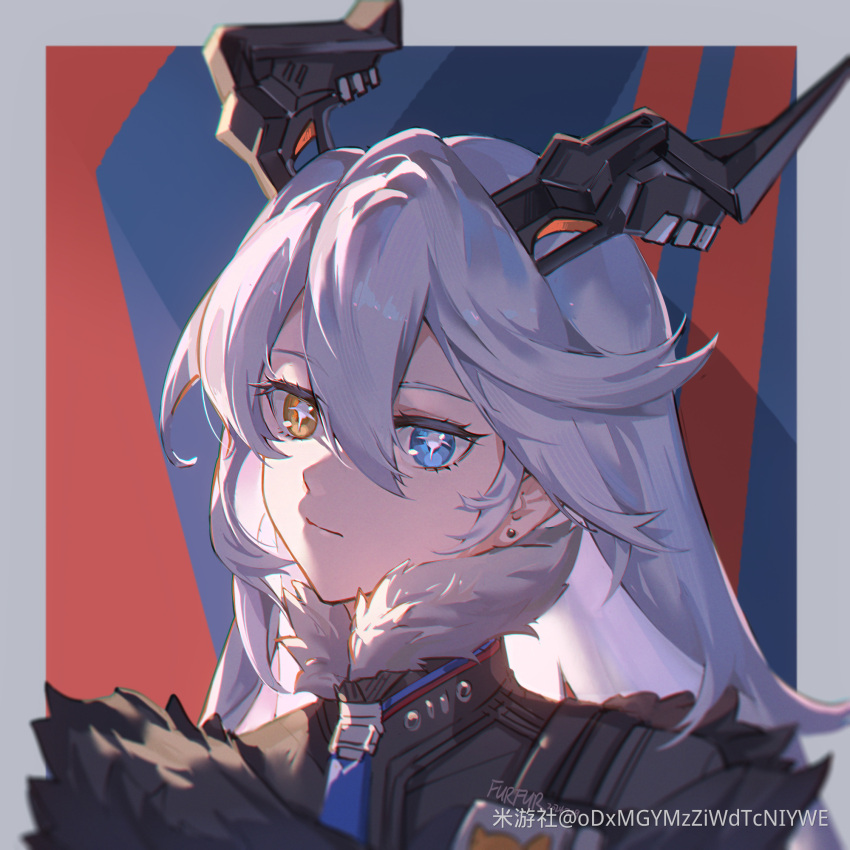 1girl, artist_name, black_coat, black_horns, blue_background, blue_eyes, border, closed_mouth