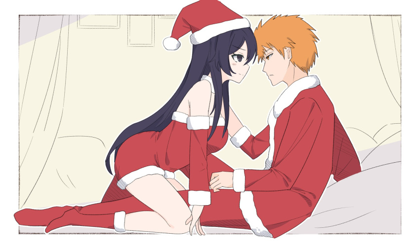 >:), 1boy, 1girl, alternate_costume, bambietta_basterbine, bare_shoulders, black_eyes, black_hair