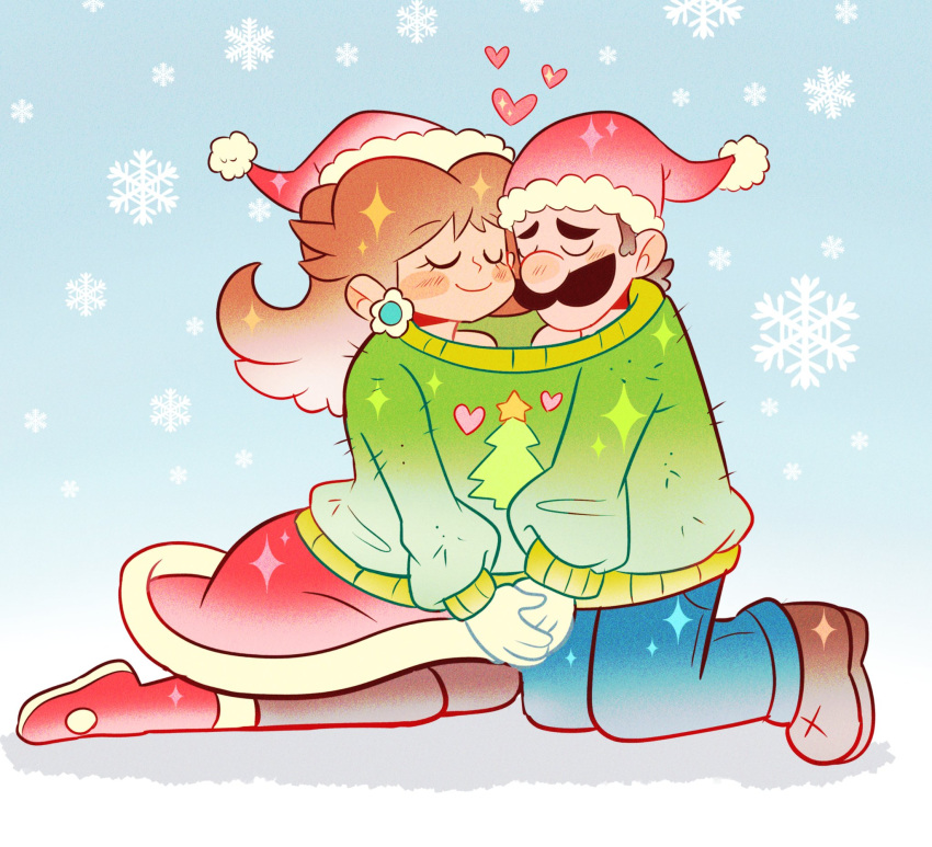 1boy, 1girl, blue_pants, brown_hair, christmas, closed_eyes, cuddling, earrings