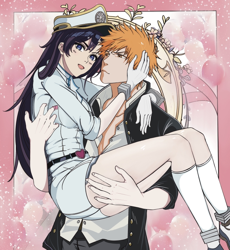 1boy, 1girl, :d, alternate_costume, arm_around_neck, bambietta_basterbine, belt, black_belt, black_hair, black_jacket, bleach, bleach:_sennen_kessen-hen, blue_eyes, blush, brown_eyes, carrying, closed_mouth, commentary, couple, cowboy_shot, deadman70232800, fang, feet_out_of_frame, gloves, hand_on_another's_head, happy, hat, heart_belt, hetero, hug, jacket, kneehighs, kurosaki_ichigo, long_hair, long_sleeves, looking_at_viewer, military_hat, military_uniform, open_clothes, open_jacket, orange_hair, pink_background, princess_carry, shirt, short_hair, simple_background, skirt, sleeves_rolled_up, smile, socks, spiky_hair, straight_hair, thighs, tsurime, white_gloves, white_hat, white_shirt, white_skirt, white_socks