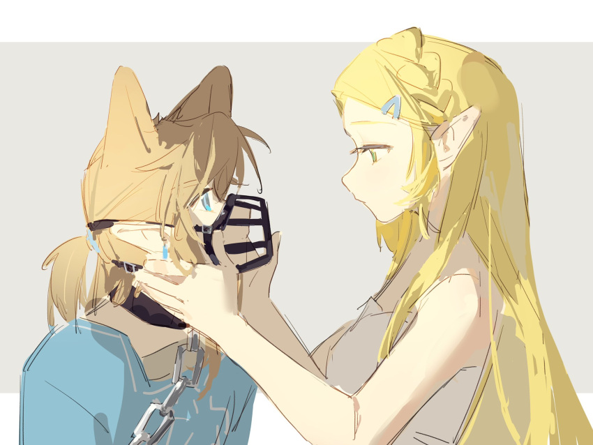 1boy, 1girl, animal_ears, bare_arms, bare_shoulders, black_collar, blonde_hair, blue_eyes