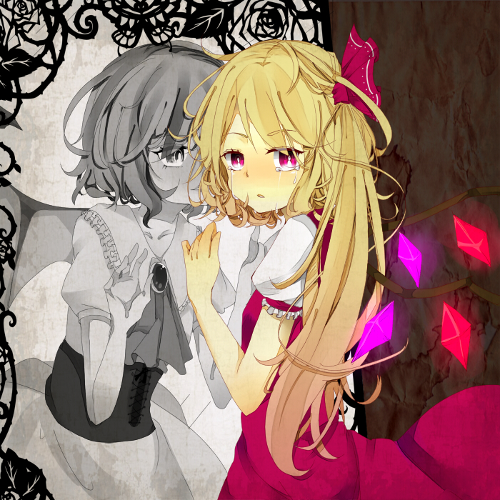 ascot, bad_id, blonde_hair, color, flandre_scarlet, glowing, hair_ribbon, kaino, long_hair, looking_at_viewer, mirror, monochrome, multiple_girls, no_hat, no_headwear, remilia_scarlet, ribbon, siblings, side_ponytail, sisters, spot_color, tears, touhou, wings