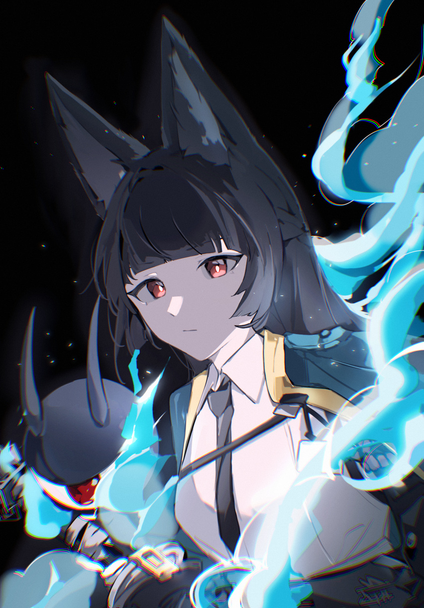 1girl, absurdres, animal_ear_fluff, animal_ears, black_background, black_hair, black_necktie, blue_fire, blunt_bangs, chromatic_aberration, closed_mouth, coloki_lofter, dress_shirt, expressionless, fire, fox_ears, fox_girl, green_jacket, highres, holding, holding_sword, holding_weapon, hoshimi_miyabi, jacket, katana, long_hair, looking_at_viewer, necktie, shirt, sidelocks, simple_background, solo, sword, upper_body, weapon, white_shirt, zenless_zone_zero