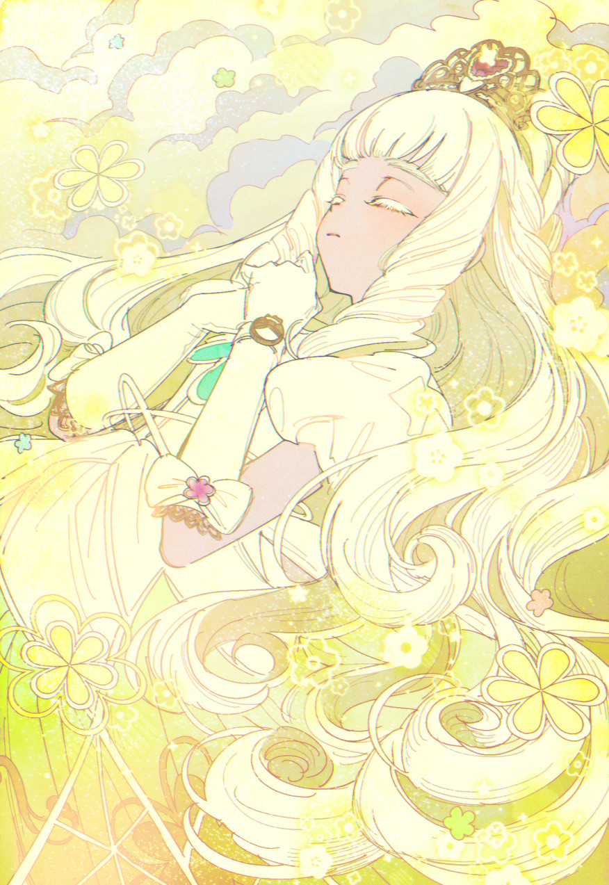 1girl, blonde_hair, bow, closed_eyes, clouds, colored_eyelashes, commentary, crown