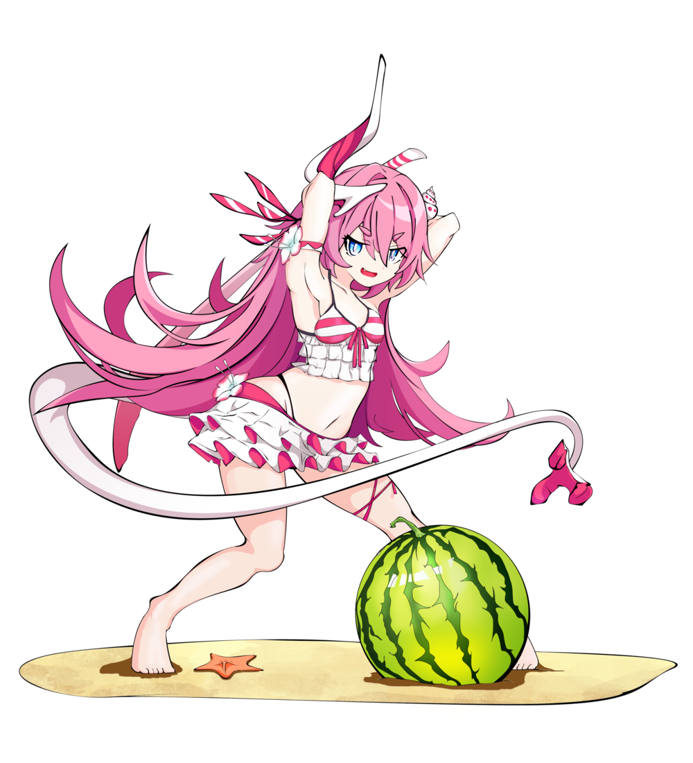 1girl, bare_legs, barefoot, beach, blue_eyes, double_frill_skirt_swimsuit, fang, fang_out