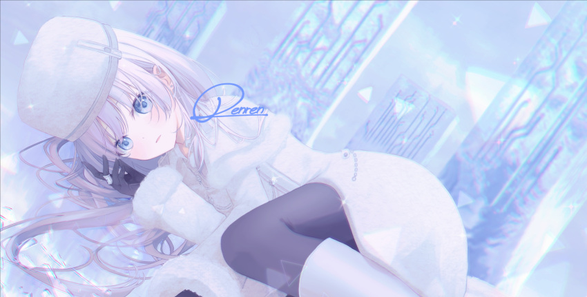 artist_name, bent_knees, black_gloves, black_pantyhose, blue_eyes, blue_sky, blurry, bokeh