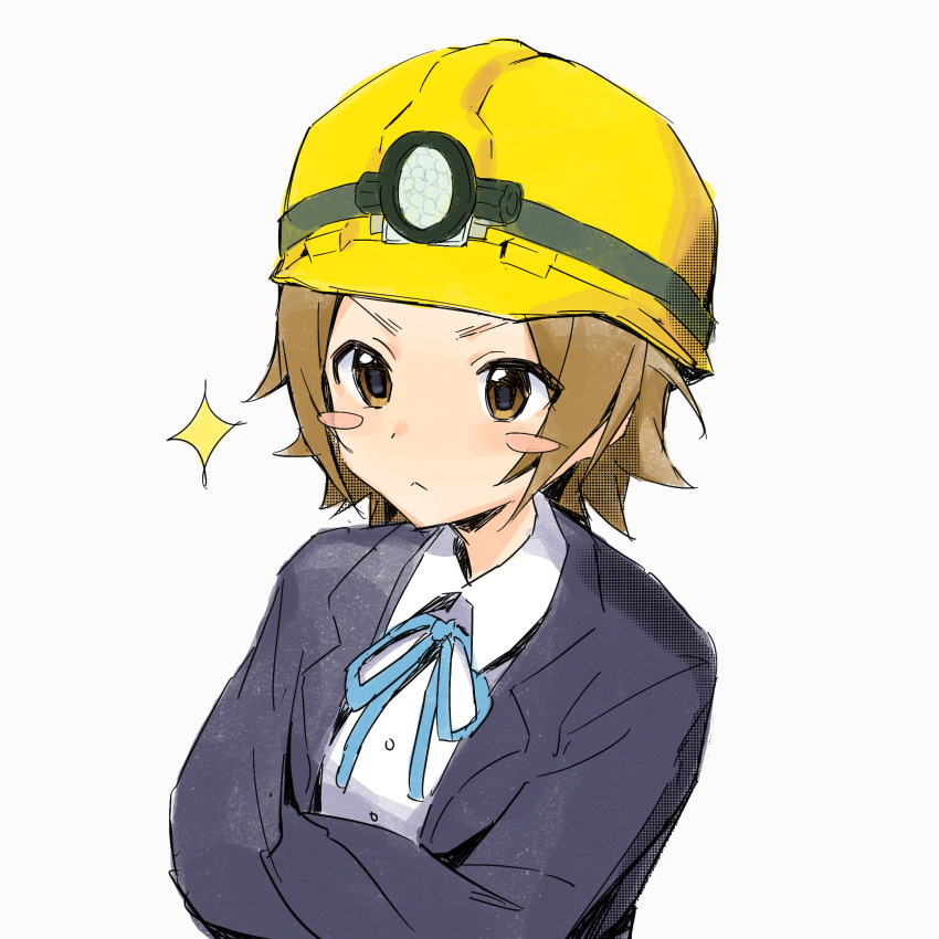 1girl, black_jacket, blazer, blue_ribbon, blush_stickers, brown_hair, chinese_commentary, closed_mouth