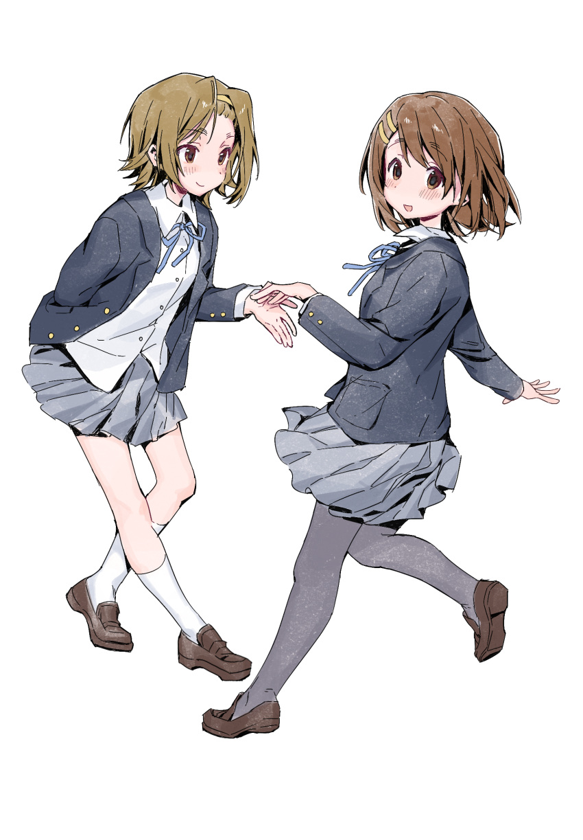 2girls, arm_behind_back, black_jacket, blazer, blue_ribbon, brown_eyes, brown_hair, collared_shirt