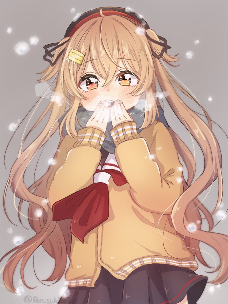 1girl, adapted_costume, beret, black_hat, black_skirt, brown_cardigan, brown_eyes, brown_hair