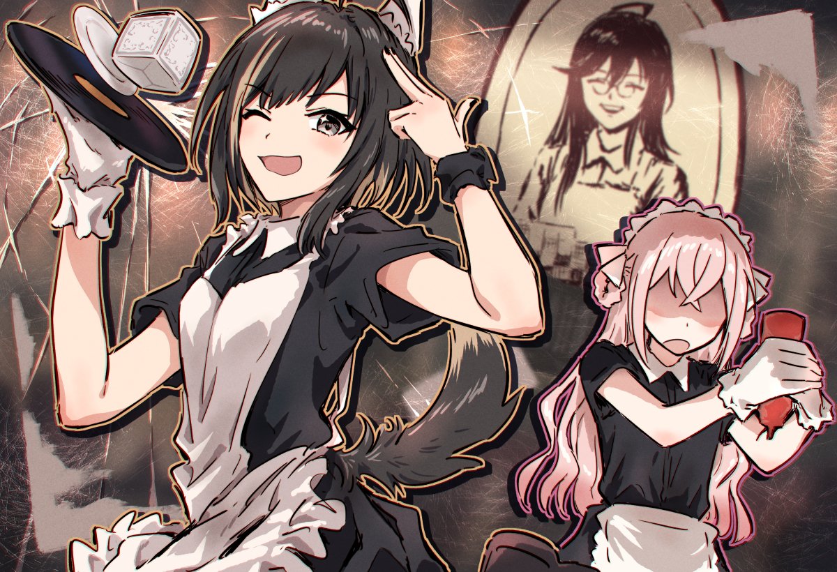 2girls, ;d, ahoge, animal_ears, apron, azai_eimi, bessyo_bell, black_dress