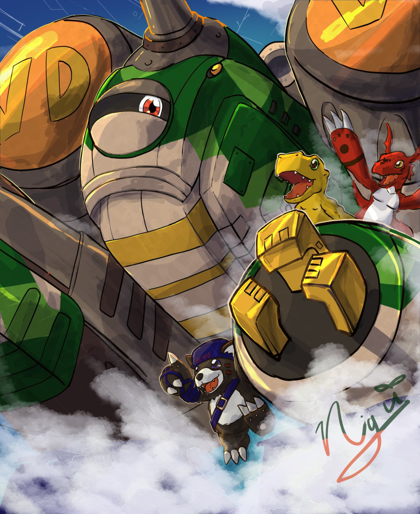 agumon, bear, bearmon, digimon, digimon_(creature), digimon_world_3, green_eyes, group_picture, guilmon, highres, nigreenwalker, no_humans, non-humanoid_robot, raidenmon, robot, signature