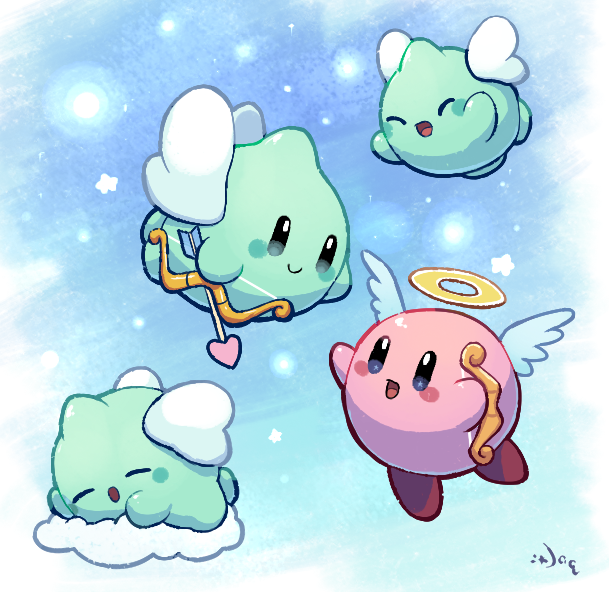 :d, :o, ^_^, angel_wings, aquabluu, arrow_(projectile), artist_name, blue_eyes, blue_sky, blush, blush_stickers, bow_(weapon), closed_eyes, closed_mouth, clouds, commentary, copy_ability, cupid_kirby, cupie, day, english_commentary, flying, halo, heart, heart_arrow, holding, holding_arrow, holding_bow_(weapon), holding_weapon, kirby, kirby_(series), looking_at_another, no_humans, on_cloud, open_mouth, signature, sky, sleeping, smile, star_(symbol), weapon, white_wings, wings