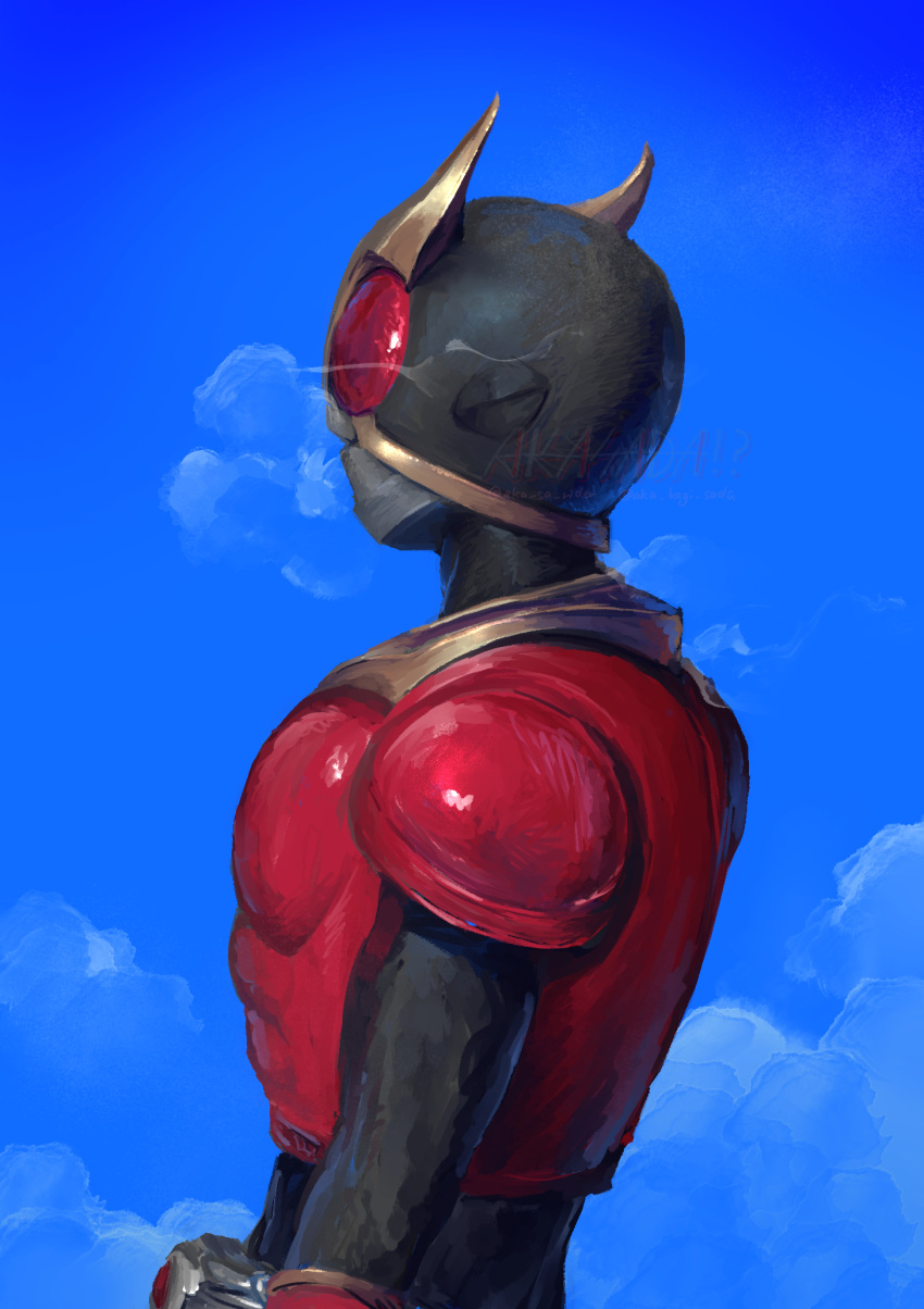 1boy, akasada, armor, black_bodysuit, black_helmet, blue_background, bodysuit, from_side, helmet, highres, kamen_rider, kamen_rider_kuuga, kamen_rider_kuuga_(series), male_focus, smoke, solo, tokusatsu, upper_body
