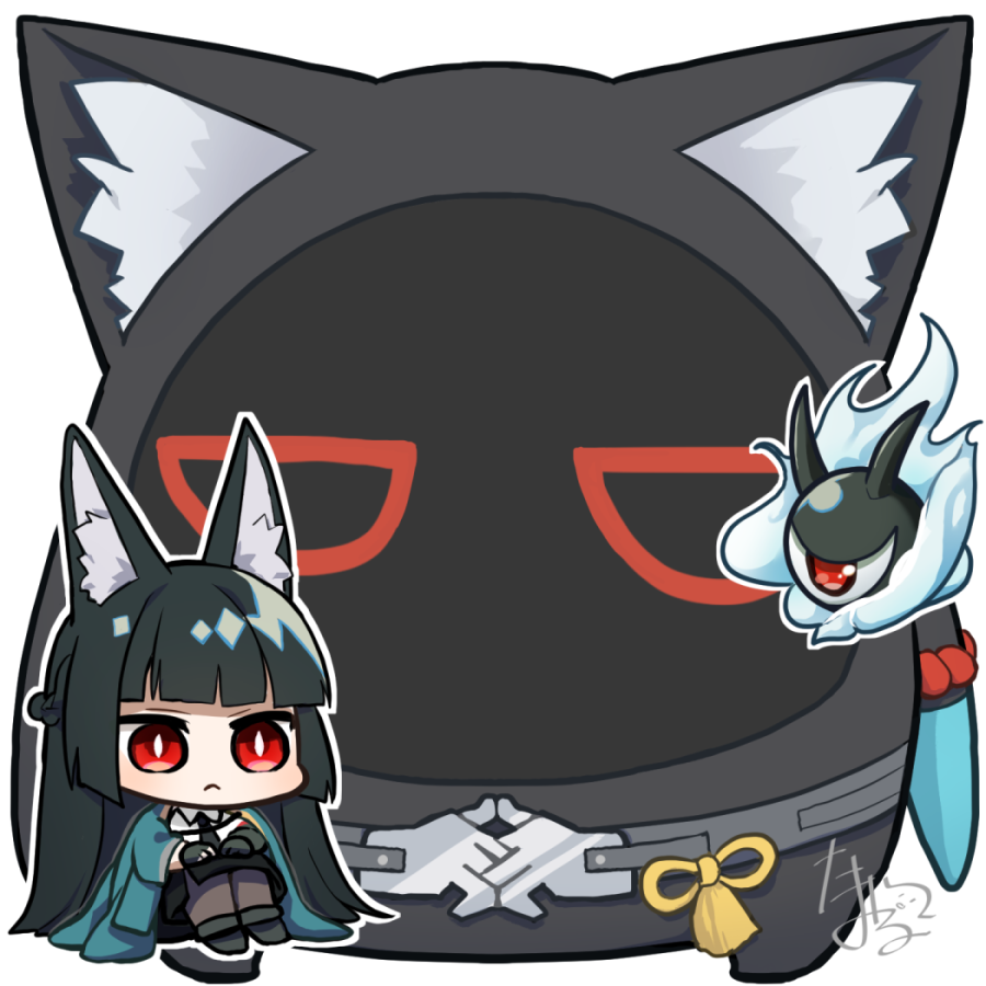 1girl, animal_ear_fluff, animal_ears, bangboo_(zenless_zone_zero), black_footwear, black_hair, black_necktie, black_pantyhose