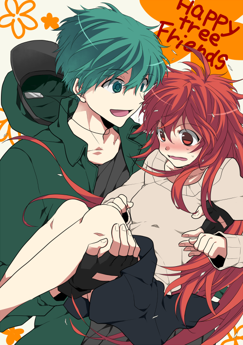1girl, blush, carrying, couple, dandruff, dog_tags, fingerless_gloves, flaky, flippy, gloves, green_eyes, green_hair, groping, happy_tree_friends, hat, kometto, long_hair, military, military_uniform, personification, princess_carry, red_eyes, red_hair, redhead, size_difference, skirt, sweater, uniform, very_long_hair