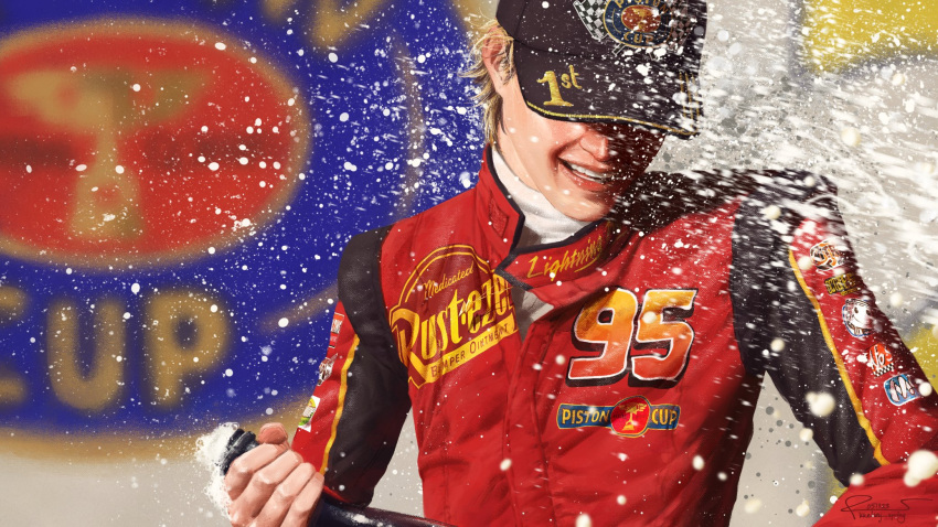 1boy, alcohol, baseball_cap, black_hat, blonde_hair, bottle, cars_(movie), champagne