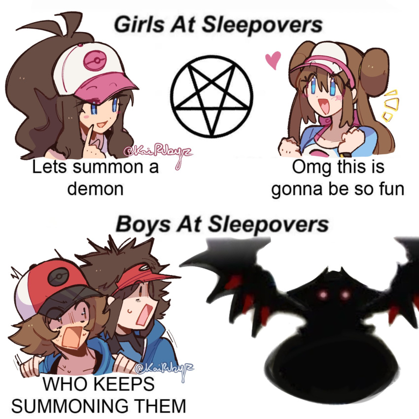 2boys, 2girls, :d, arms_up, baseball_cap, big_hair, blue_eyes, clenched_hand, commentary, double_bun, doughnut_hair_bun, english_commentary, english_text, giratina, hair_bun, hat, heart, highres, hilbert_(pokemon), hilda_(pokemon), kairubyz, long_hair, looking_at_another, meme, meme_request, multiple_boys, multiple_girls, nate_(pokemon), notice_lines, official_art_inset, open_mouth, pink_hat, poke_ball_print, pokemon, pokemon_(creature), pokemon_bw, pokemon_bw2, ponytail, print_hat, rosa_(pokemon), scared, short_hair, smile, v-shaped_eyebrows, visor_cap, white_hat