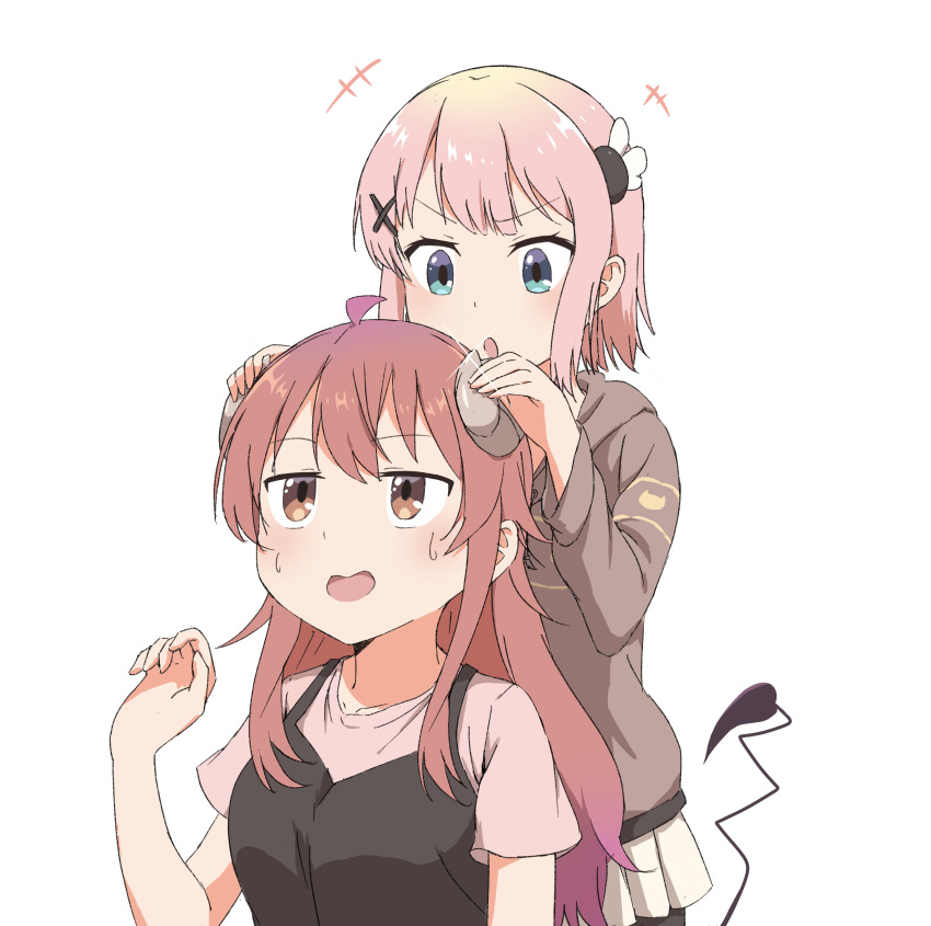 +++, 2girls, :o, absurdres, ahoge, blue_eyes, brown_eyes, brown_hair
