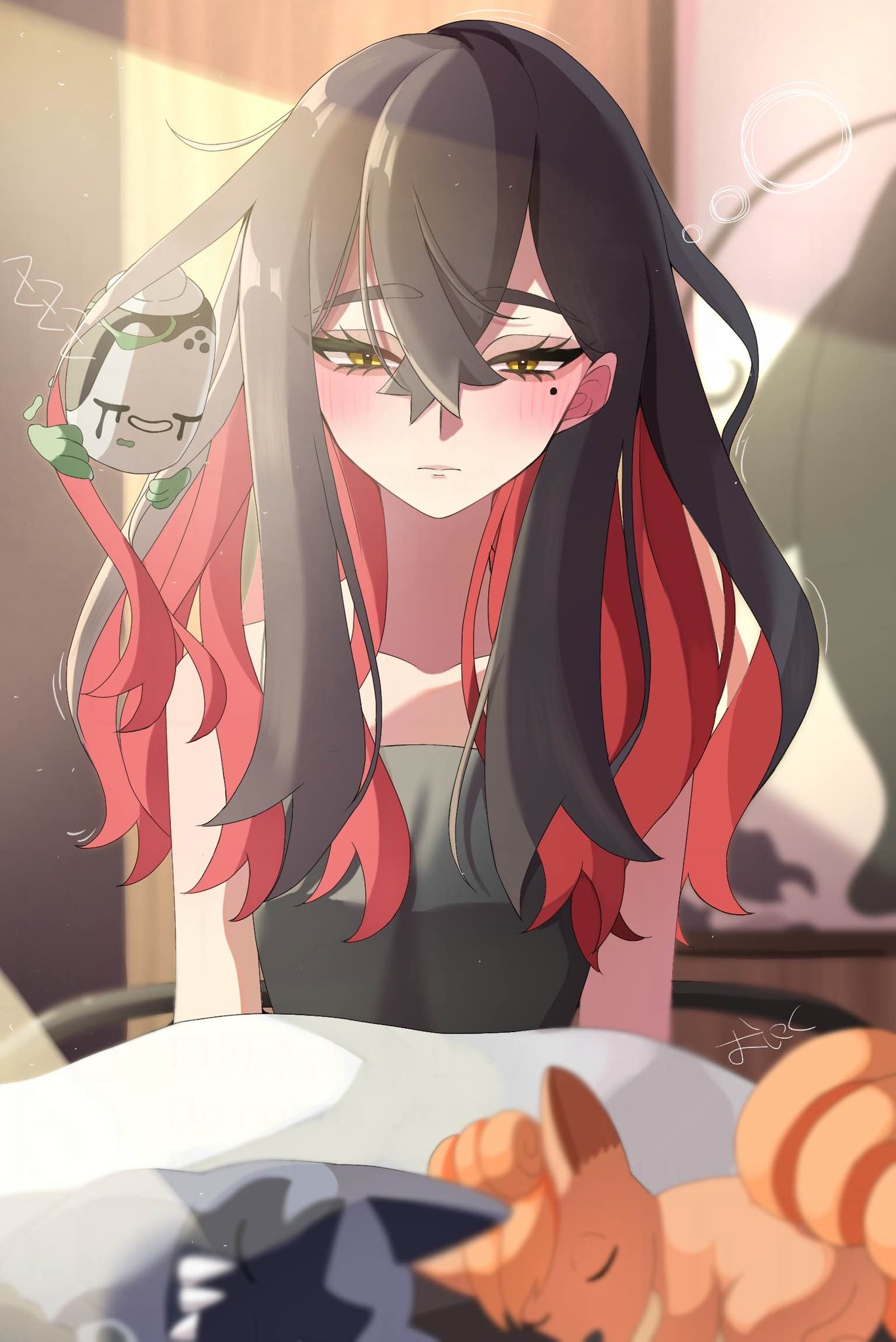 1girl, black_hair, blurry, blurry_foreground, blush, carmine_(pokemon), closed_eyes, closed_mouth, colored_inner_hair, commentary, crossed_bangs, eyelashes, hair_between_eyes, highres, indoors, long_hair, loose_hair_strand, mole, mole_under_eye, multicolored_hair, ninkou_tan, pokemon, pokemon_(creature), pokemon_sv, poltchageist, poochyena, redhead, sitting, sleeping, squeans, symbol-only_commentary, two-tone_hair, vulpix, yellow_eyes