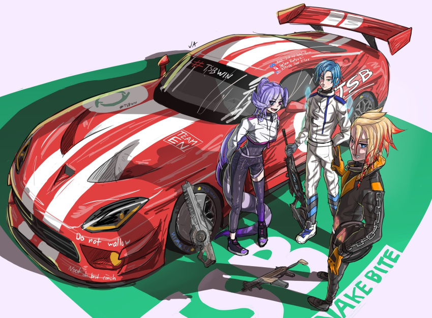 1girl, 2boys, american_flag, apex_legends, assault_rifle, australian_flag, axel_syrios, black_bodysuit, black_footwear, black_jumpsuit, black_thighhighs, blonde_hair, blue_eyes, blue_hair, bodysuit, canadian_flag, car, cropped_jacket, dodge_(company), dodge_viper, dragon_girl, dragon_tail, english_commentary, english_text, gun, head_wings, heterochromia, highres, holding, holding_gun, holding_weapon, jumpsuit, justuskuro, motor_vehicle, multicolored_hair, multiple_boys, nemesis_burst_ar, nijisanji, nijisanji_en, parted_lips, purple_hair, r-99_smg, race_vehicle, racecar, racing_suit, red_car, redhead, regis_altare, rifle, selen_tatsuki, sentinel_esr, shoes, single_thighhigh, smile, sneakers, sniper_rifle, spoiler_(automobile), streaked_hair, submachine_gun, tail, thigh-highs, v-shaped_eyebrows, vehicle_focus, violet_eyes, virtual_youtuber, weapon, wings