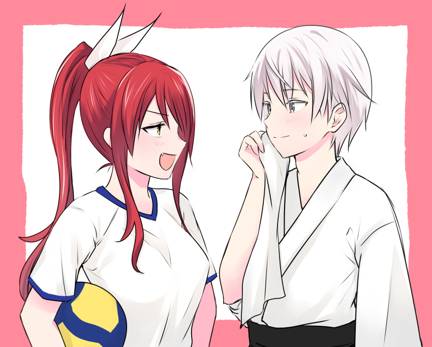 1boy, 1girl, :d, alternate_costume, ball, blush, eye_contact, fang