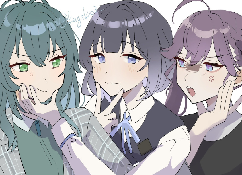 3girls, ahoge, anger_vein, antenna_hair, blue_eyes, blue_hair, face_grab, gakuen_idolmaster