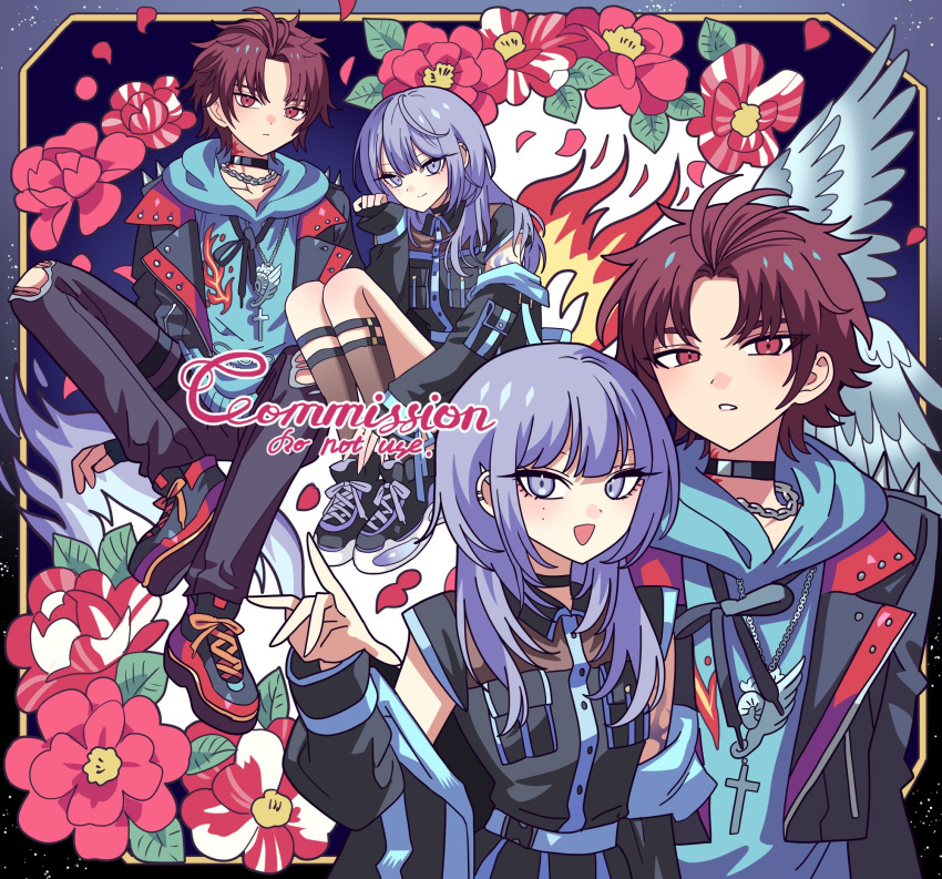 1boy, 1girl, bad_id, bad_twitter_id, black_dress, black_footwear, black_jacket, blue_hoodie, border, character_request, check_character, closed_mouth, commission, cross, dress, fire, flower, full_body, highres, hood, hood_down, hoodie, inactive_account, jacket, knees_up, leather, leather_jacket, long_hair, long_sleeves, looking_at_viewer, meremero, multiple_views, open_clothes, open_jacket, open_mouth, original, pants, paradox_live, purple_hair, red_eyes, red_flower, redhead, shoes, short_hair, sitting, smile, sneakers, sugasano_allen, torn_clothes, torn_pants, violet_eyes