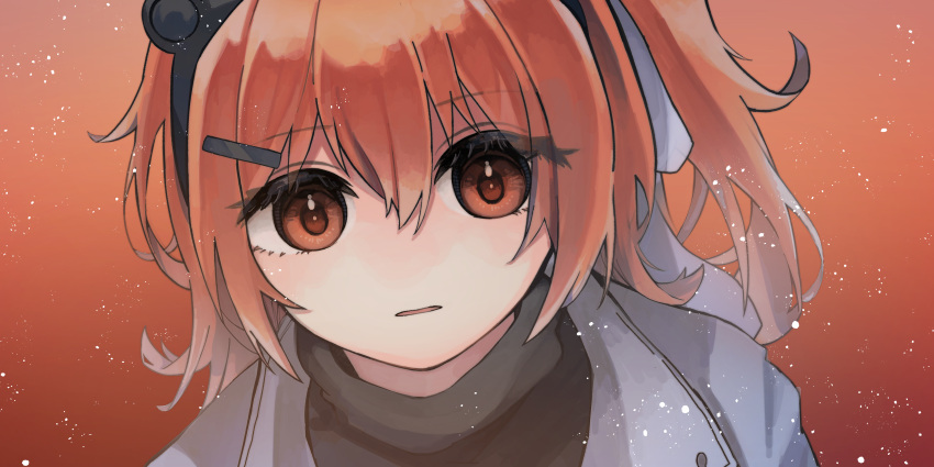 1girl, a.i._voice, absurdres, adachi_rei, black_shirt, hair_ribbon, headlamp, highres, jacket, looking_at_viewer, momijitoi, netsu_ijou_(utau), open_clothes, open_jacket, open_mouth, orange_background, orange_eyes, orange_hair, portrait, ribbon, shirt, side_ponytail, simple_background, solo, utau, white_jacket