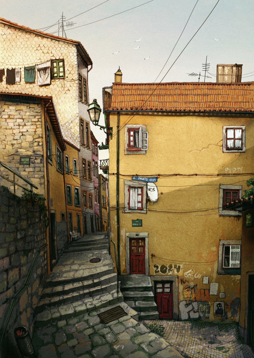 2024, alley, balcony, building, chair, chimney, clothes, door