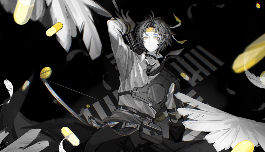 1boy, arrow_(projectile), asaba_harumasa, bird, black_choker, black_necktie, bow_(weapon), capsule