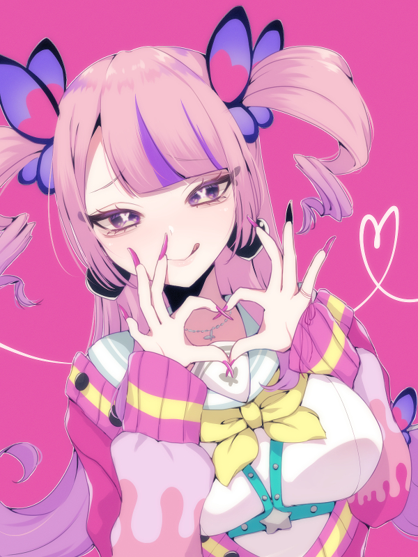 1girl, :q, aegyo_sal, black_nails, bombergirl, bright_pupils, butterfly-shaped_pupils, butterfly_hair_ornament