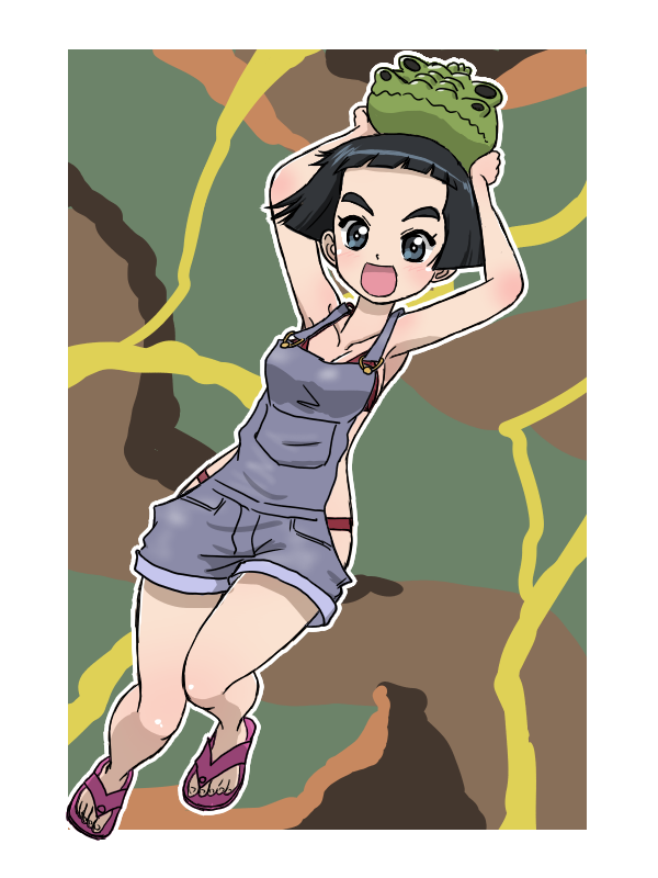 1girl, alligator, bikini, black_eyes, black_hair, bowl_cut, camouflage_background, collarbone