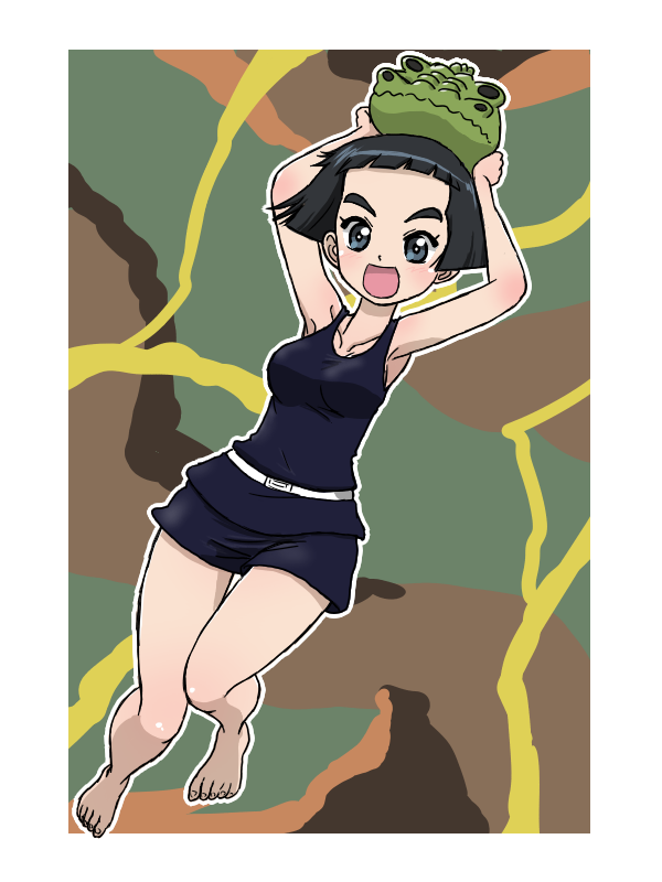 1girl, alligator, alternate_costume, barefoot, belt, black_eyes, black_hair, black_shorts