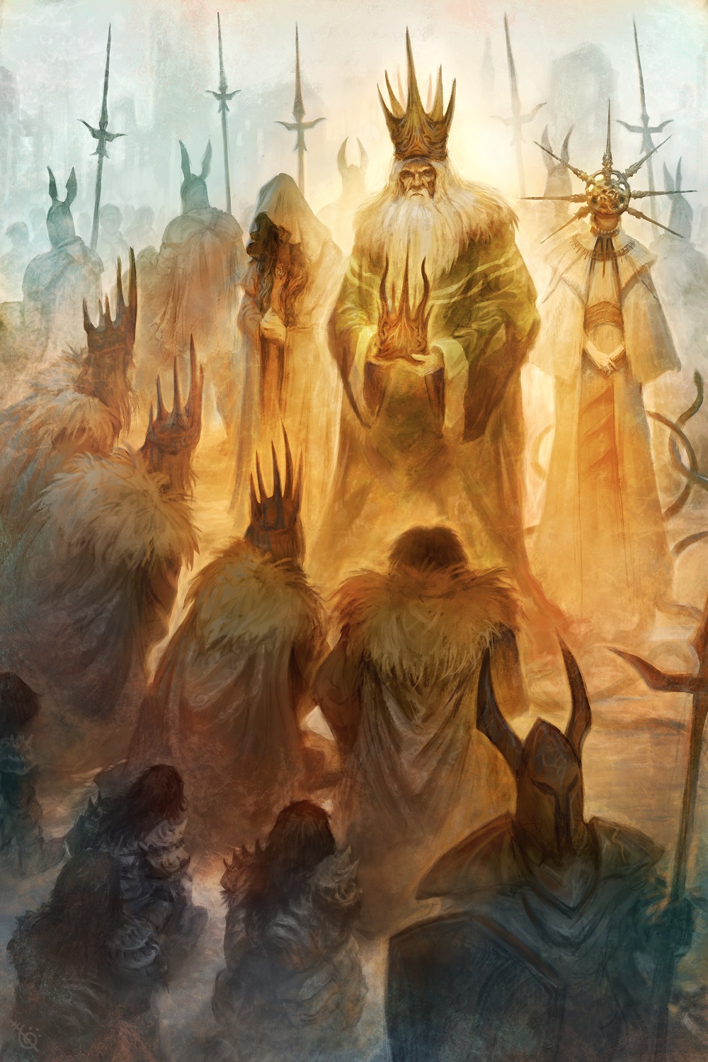 armor, beard, breastplate, brother_and_sister, commentary, covered_eyes, crown, dark_souls_(series), dark_souls_i, dark_sun_gwyndolin, english_commentary, facial_hair, father_and_daughter, father_and_son, full_armor, fur_trim, gold_crown, gwyn_lord_of_sunlight, highres, holding, holding_crown, holding_polearm, holding_weapon, hood, hood_up, kneeling, knight, long_beard, long_hair, pauldrons, polearm, queen_of_sunlight_gwynevere, royal_robe, shoulder_armor, siblings, snake, spear, warhuan, weapon, white_hair