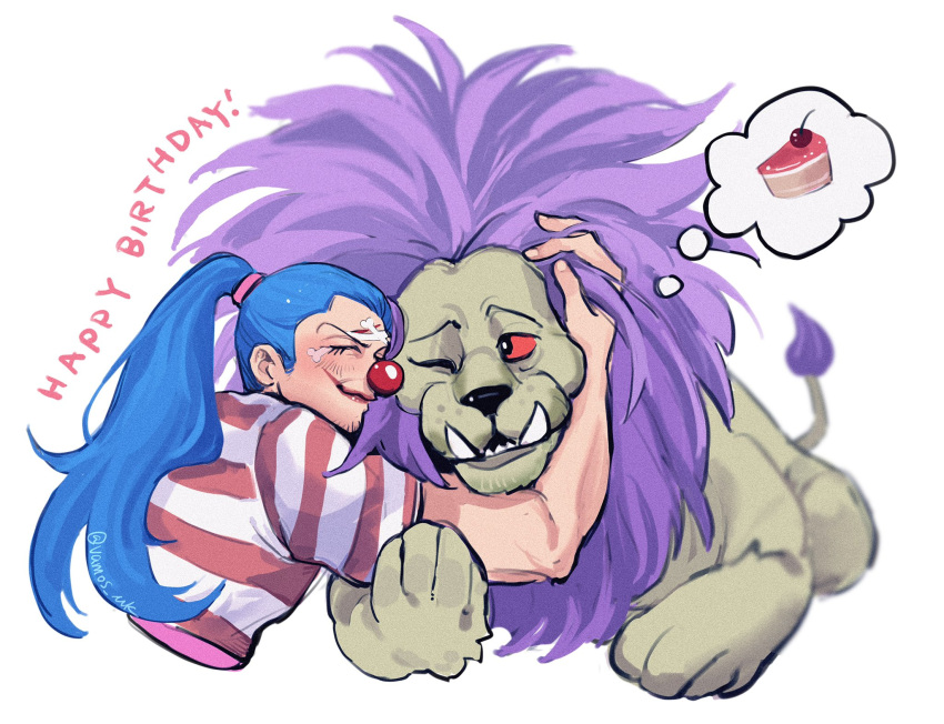 1boy, ^_^, animal, blue_hair, buggy_the_clown, cake, cake_slice, closed_eyes
