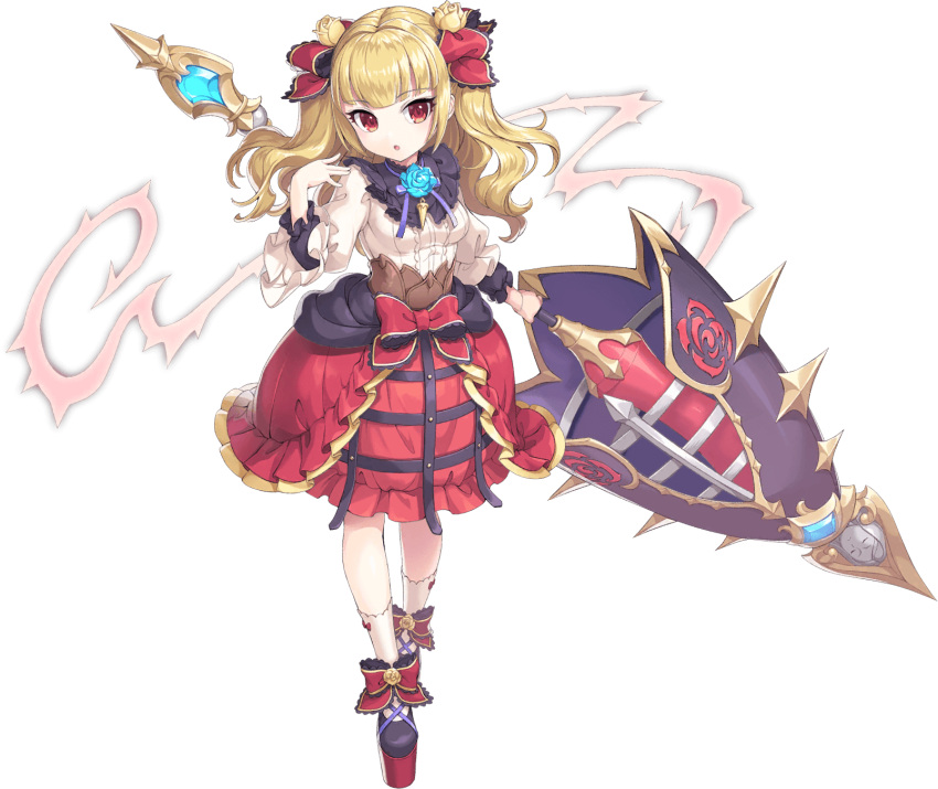 1girl, artist_request, blonde_hair, breasts, elizabeth_bathory_(legend_clover), flower, full_body, hair_flower, hair_ornament, highres, holding, holding_polearm, holding_weapon, huge_weapon, legend_clover, official_art, open_mouth, polearm, red_eyes, skirt, spear, third-party_source, transparent_background, weapon