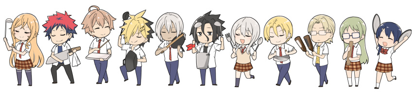 4girls, 6+boys, black_thighhighs, bottle, braid, brown_skirt, chibi, collared_shirt