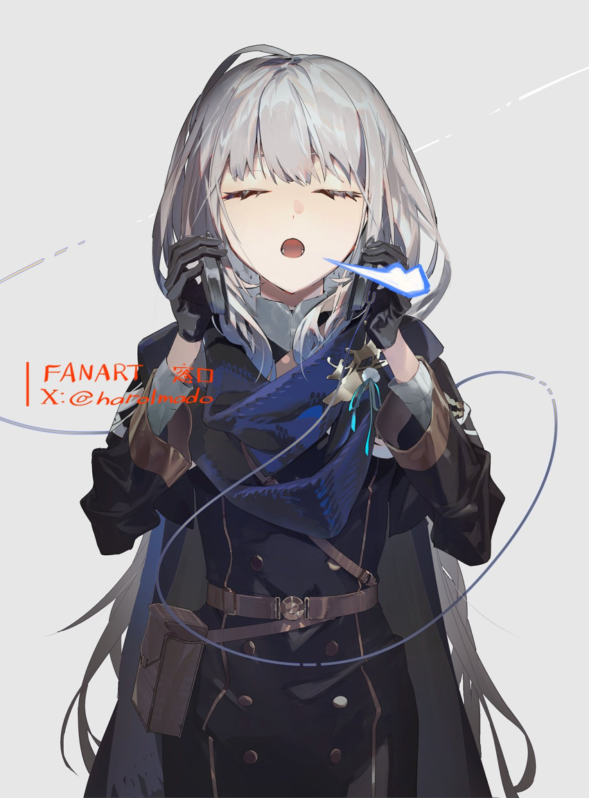 1girl, artist_name, belt, belt_pouch, bkornblume, black_dress, blue_scarf, brown_belt