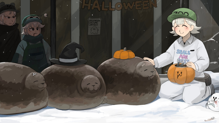 3girls, absurdres, bear_hat, bird, black_coat, black_hat, blood, blood_from_mouth, closed_eyes, clothes_writing, coat, diva_(hyxpk), doughnut_stamp, drooling, duck, english_commentary, fake_blood, fish, green_hat, green_overalls, grey_hair, halloween, halloween_costume, hat, highres, multiple_girls, overalls, pants, penguin_keeper_(diva), polar_bear_keeper_(diva), pumpkin, seal_(animal), seal_keeper_(diva), shirt, short_hair, smile, white_pants, white_shirt, witch_hat, zoo, zookeeper, zookeepers_(diva)