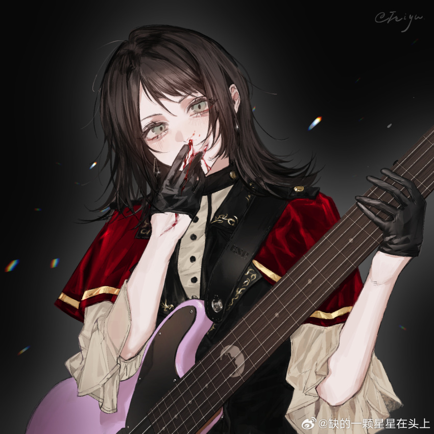 1girl, bang_dream!, bang_dream!_it's_mygo!!!!!, black_background, black_gloves, black_hair, black_vest, blood