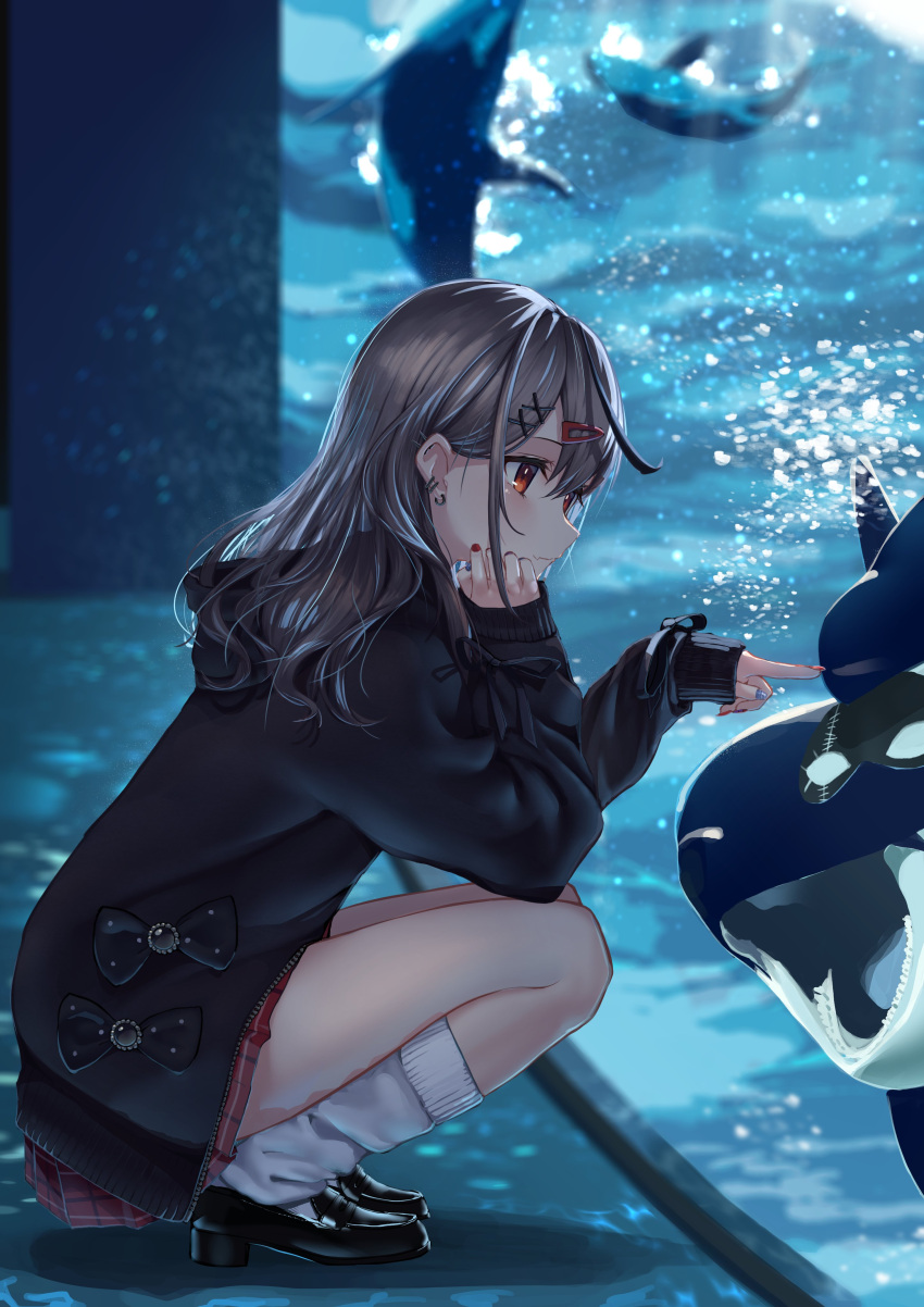 1girl, absurdres, aquarium, black_cardigan, black_footwear, black_stripes, cardigan, closed_mouth